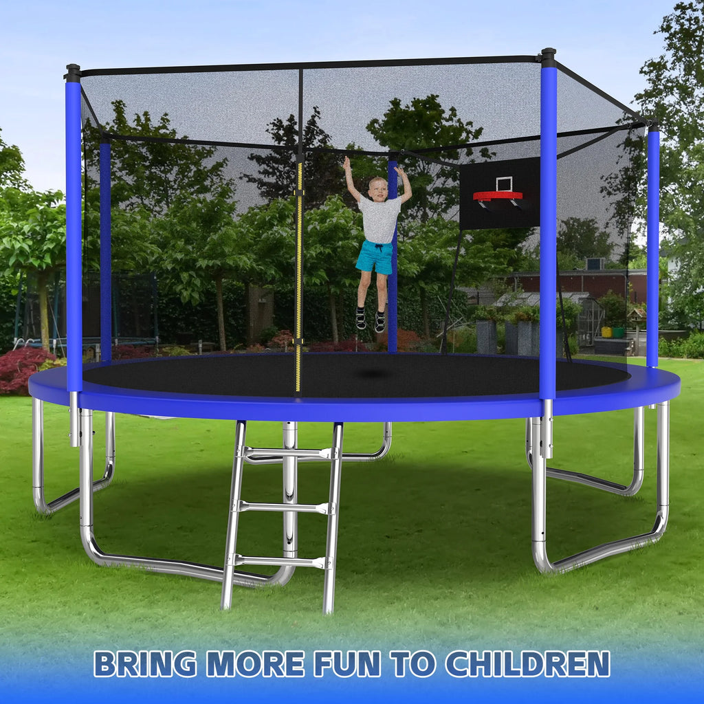 Trampoline de 14 pieds avec panier de basket, trampoline d'extérieur avec filet de protection, bleu