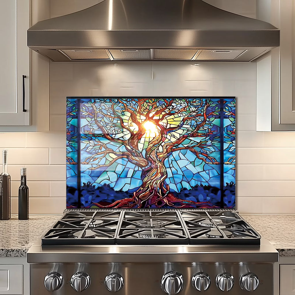 Crédence en verre trempé motif Arbre de vie en mosaïque pour cuisine derrière la cuisinière, cache supérieur pour cuisinière, crédence en verre facile à nettoyer, pare-éclaboussures pour évier, décoration murale de cuisine pour la maison