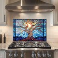 Crédence en verre trempé motif Arbre de vie en mosaïque pour cuisine derrière la cuisinière, cache supérieur pour cuisinière, crédence en verre facile à nettoyer, pare-éclaboussures pour évier, décoration murale de cuisine pour la maison