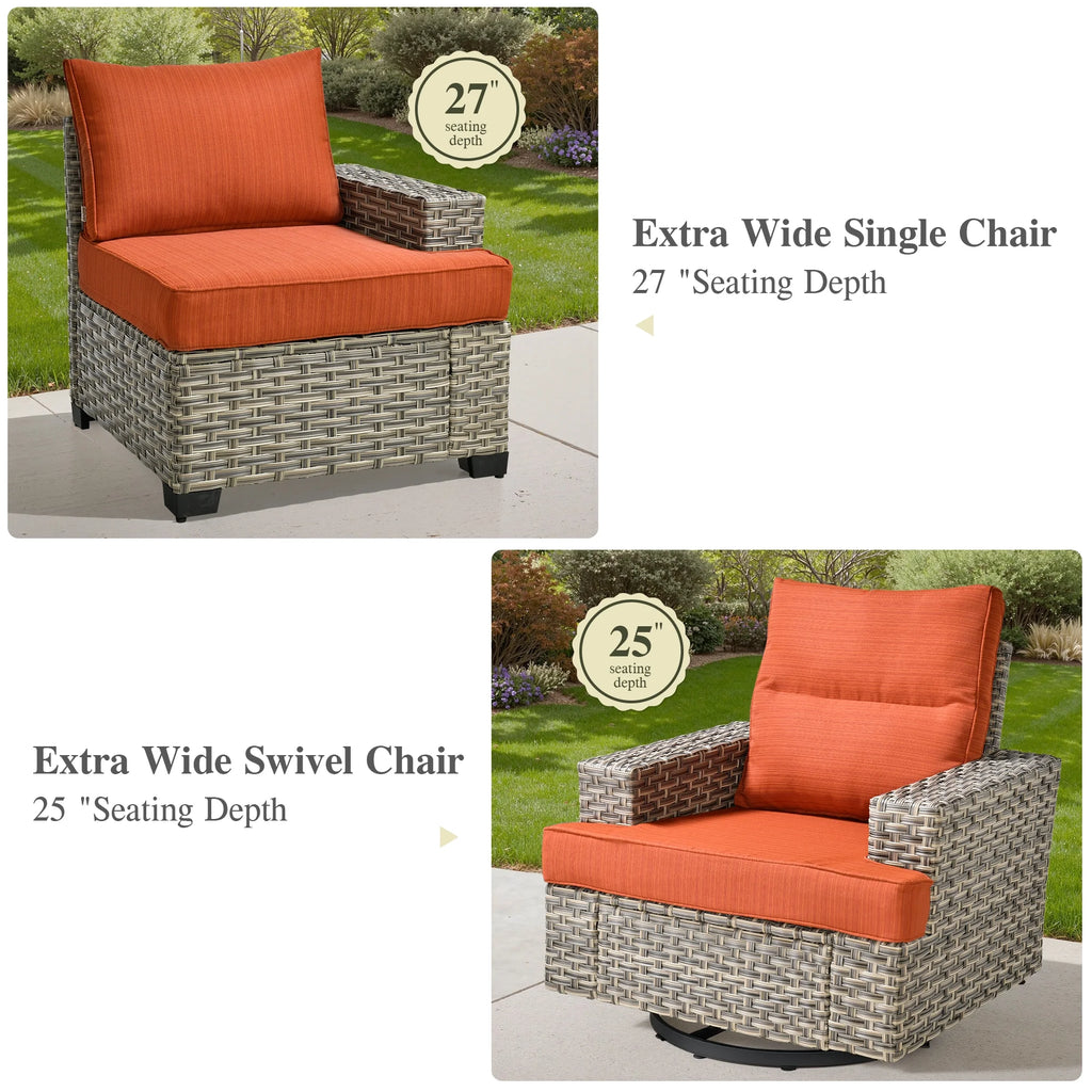 Ovios Salon de jardin modulable moderne en résine tressée toutes saisons à dossier haut, 10 pièces, avec table brasero au propane et fauteuil pivotant, gris foncé