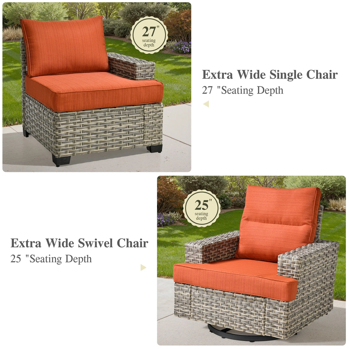 Ovios Salon de jardin modulable moderne en résine tressée toutes saisons à dossier haut, 10 pièces, avec table brasero au propane et fauteuil pivotant, gris foncé