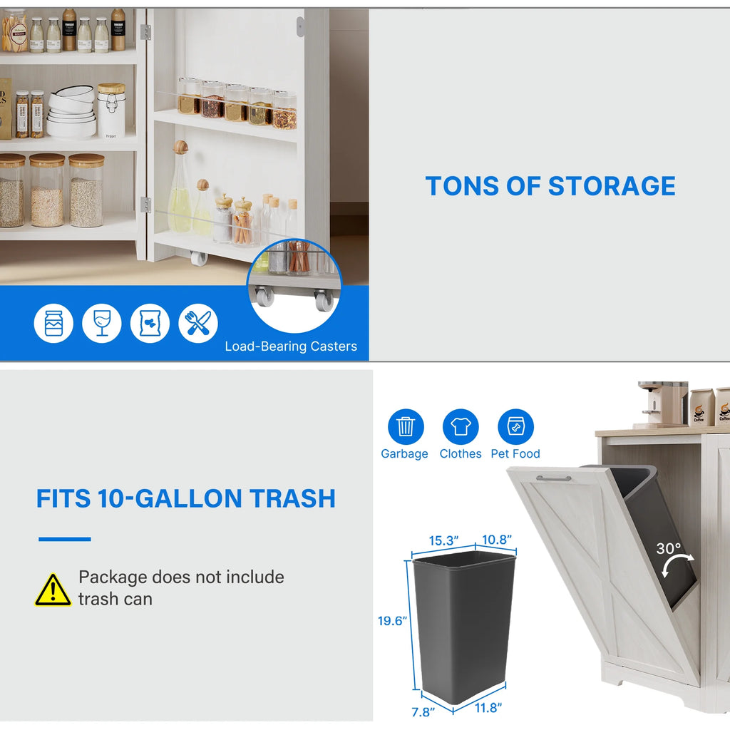 DEXTRUS Meuble de cuisine basculant pour poubelle avec prise électrique, Poubelle sur pied de 13 gallons avec placard de rangement escamotable, Étagère réglable, Blanc