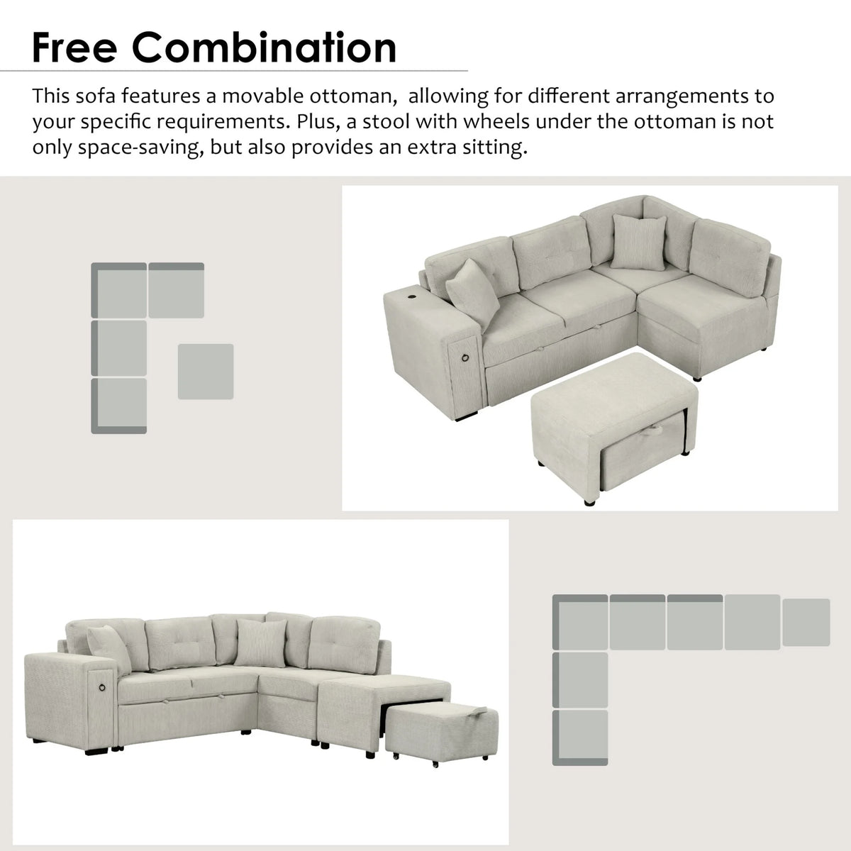 Canapé-lit modulable 87 avec lit gigogne, canapé convertible en L avec pouf, ports USB et deux porte-gobelets pour salon, appartement, chambre, gris