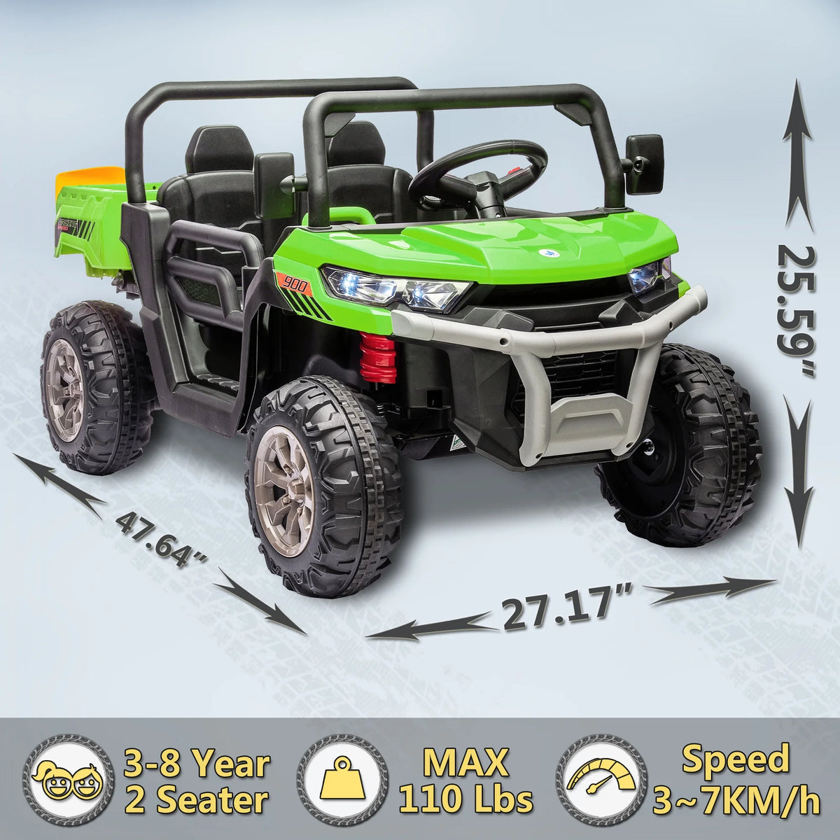 Xuanlur Voiture électrique pour enfants 24V 2 places, UTV avec moteur 2x200W, Jouet électrique 24 volts avec benne/pelle, Voiture électrique pour enfants avec pneus résistants, lumière LED, musique, télécommande, noire