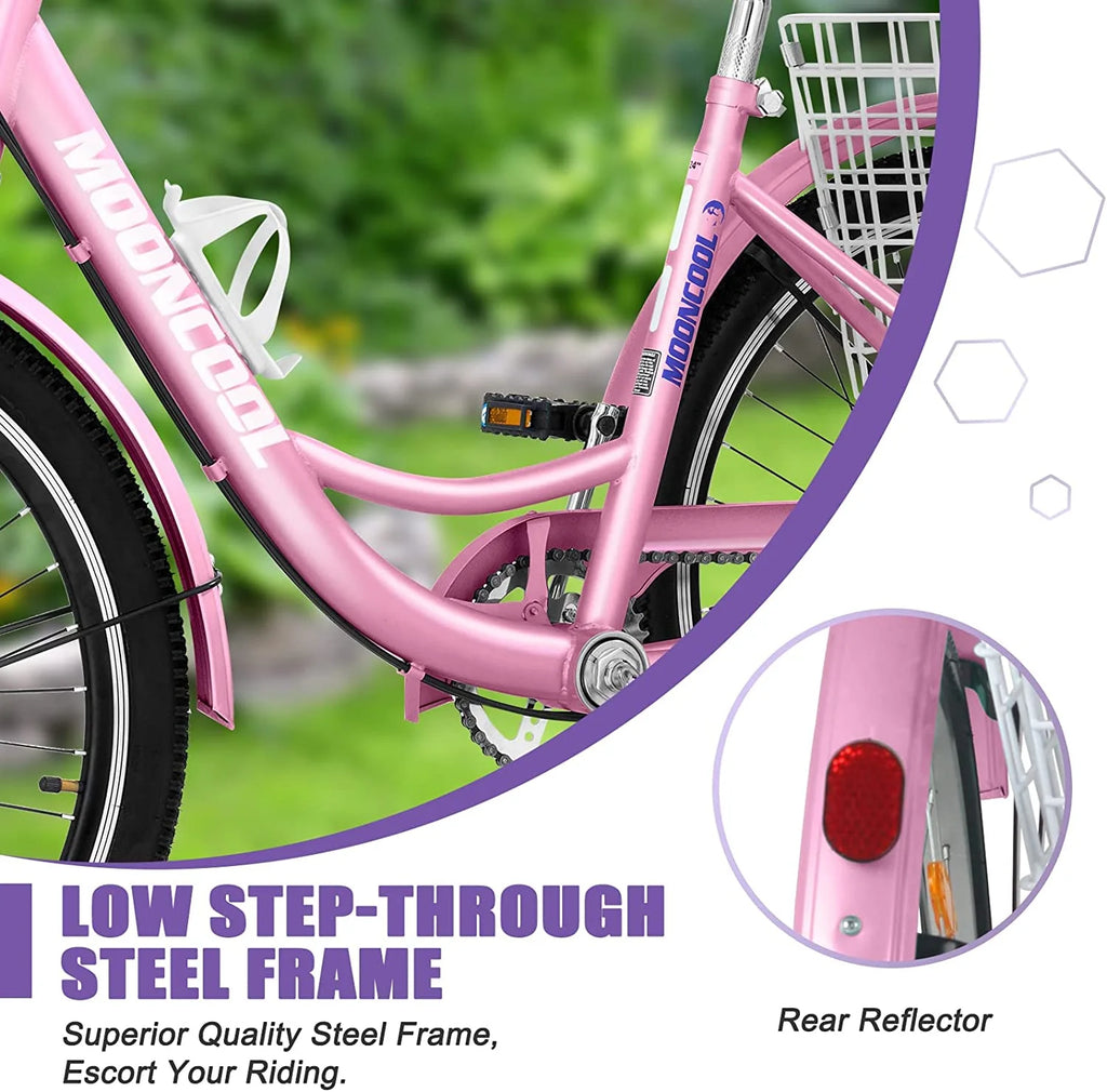 Tricycles pour adultes MOONCOOL avec panier arrière et pompe à pied, vélos à 3 roues 7 vitesses de 24 et 26 pouces, vélo à trois roues pour adultes avec dossier pour seniors, femmes et hommes