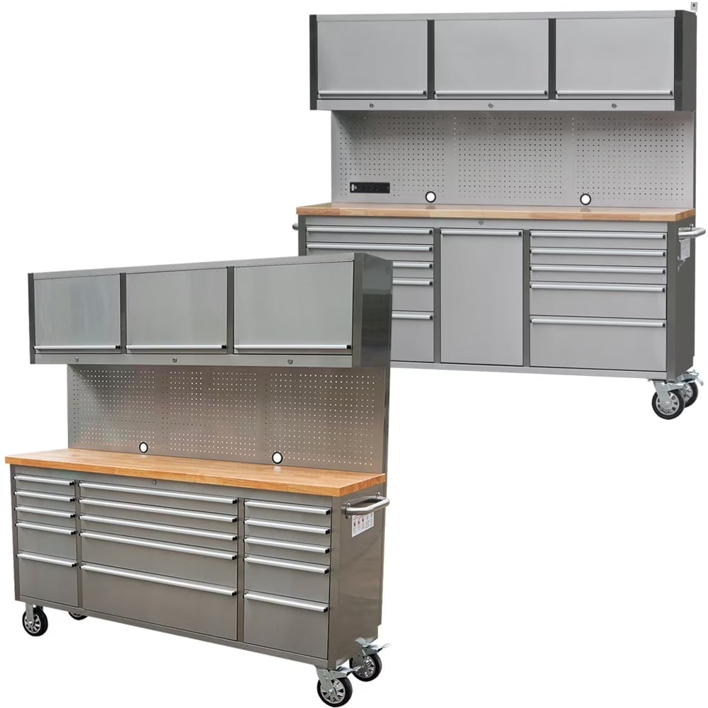 Caisson à outils de 72 pouces avec 11 tiroirs, armoire supérieure avec 3 portes et panneau perforé en acier inoxydable, grand établi mobile verrouillable avec 6 bacs de rangement bleus, boîte à outils pour garage et atelier (1 HTC7214W1 + 1 HTC7218W1)