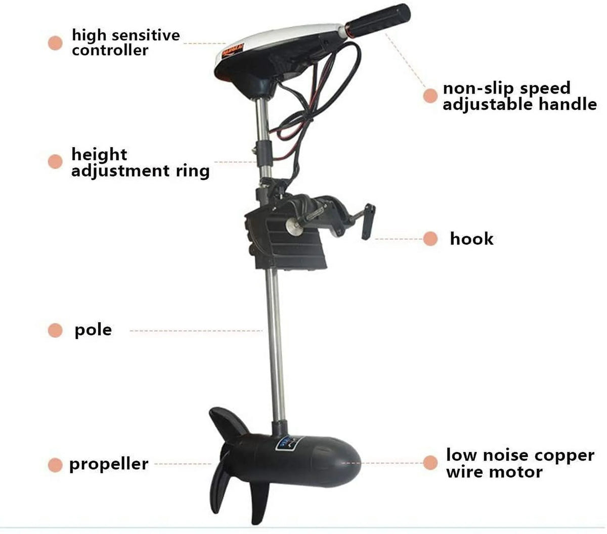 Moteur électrique de pêche TFCFL 65 Lbs 12 V 660 W ET65L avec poignée télescopique, F5-R2, commande de poussée, moteur hors-bord pour bateau