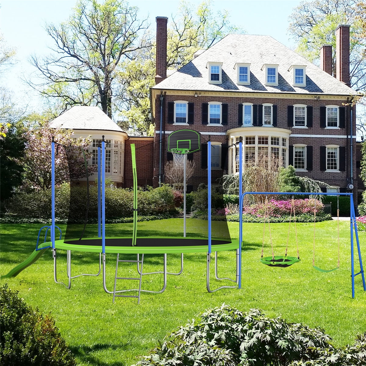 Trampoline de 12 pieds pour enfants et adultes, trampoline de loisir avec toboggan, balançoire, panier de basket et filet de protection, capacité de 600 lb pour 4 à 5 enfants