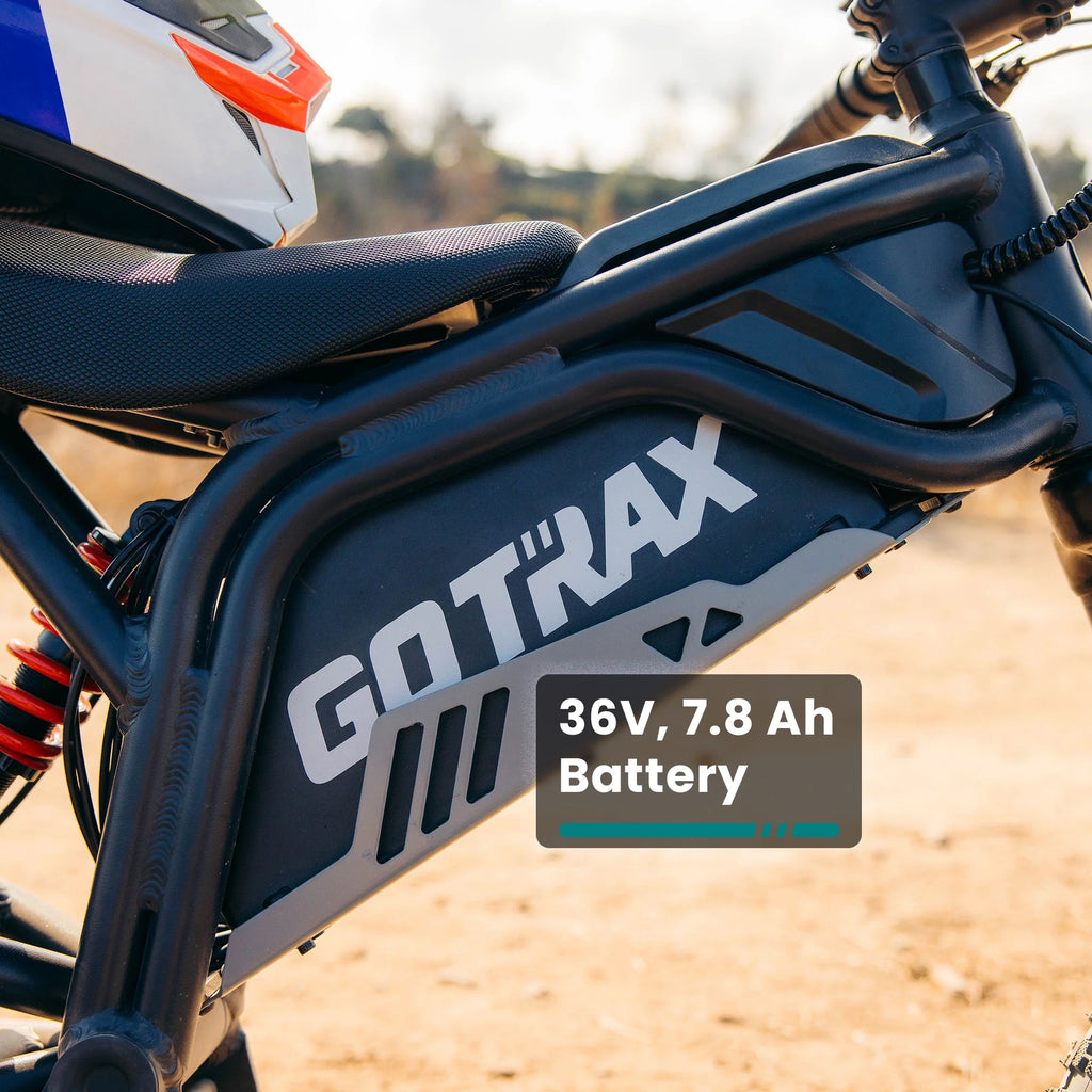 GOTRAX Fitz16 Moto tout-terrain électrique pour enfants à partir de 8 ans, moteur de 350 W, pneus tout-terrain de 16 pouces, double suspension, vitesse de 15,5 mi/h, autonomie de 16 mi, phare à DEL, noire