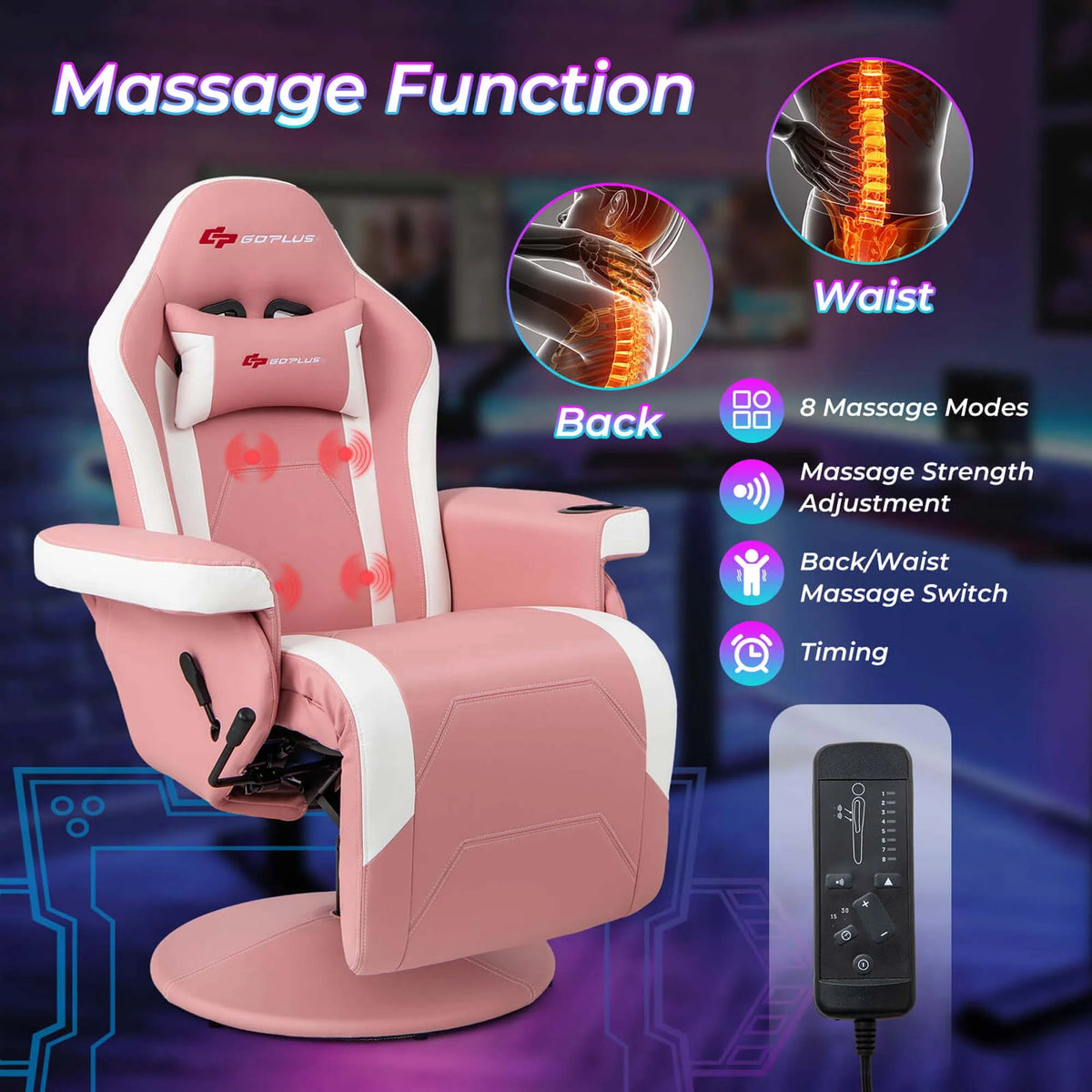 Fauteuil gaming inclinable Goplus avec massage, réglable en hauteur, pivotant, style racing, avec porte-gobelet, rouge