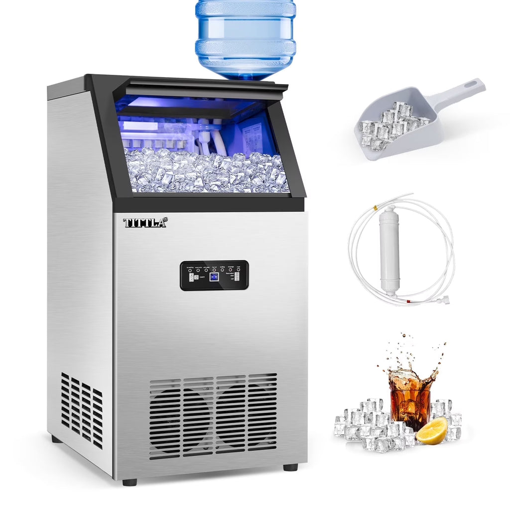 Machine à glaçons professionnelle TITTLA 100 Lbs/24H, capacité de stockage de 24 Lbs, 45 glaçons en 12-15 min, machine à glaçons en acier inoxydable pour maison, bar et café