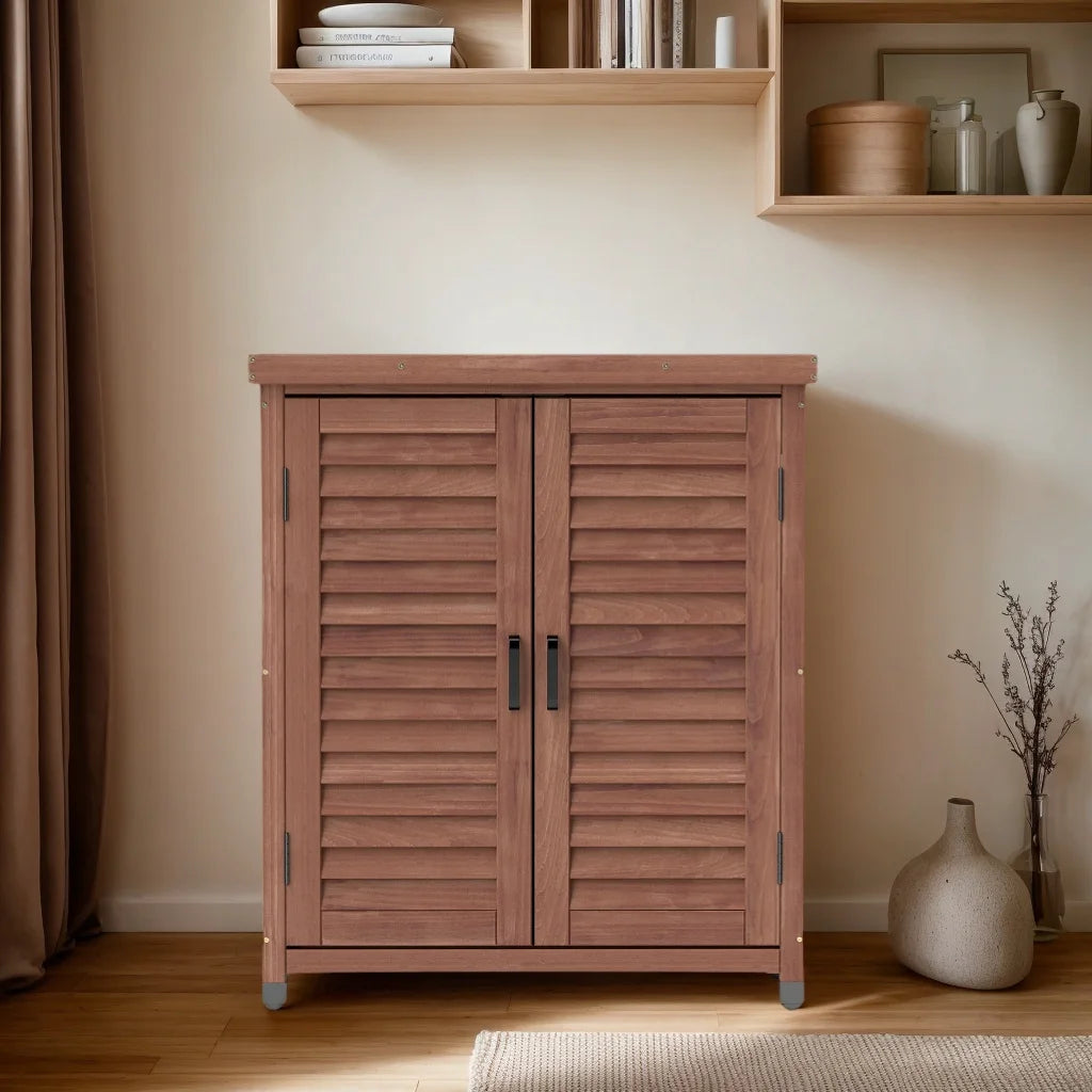 Armoire de rangement en bois d’extérieur et table de rempotage Funnil, mobilier de patio en bois résistant aux intempéries, poste de travail de jardin