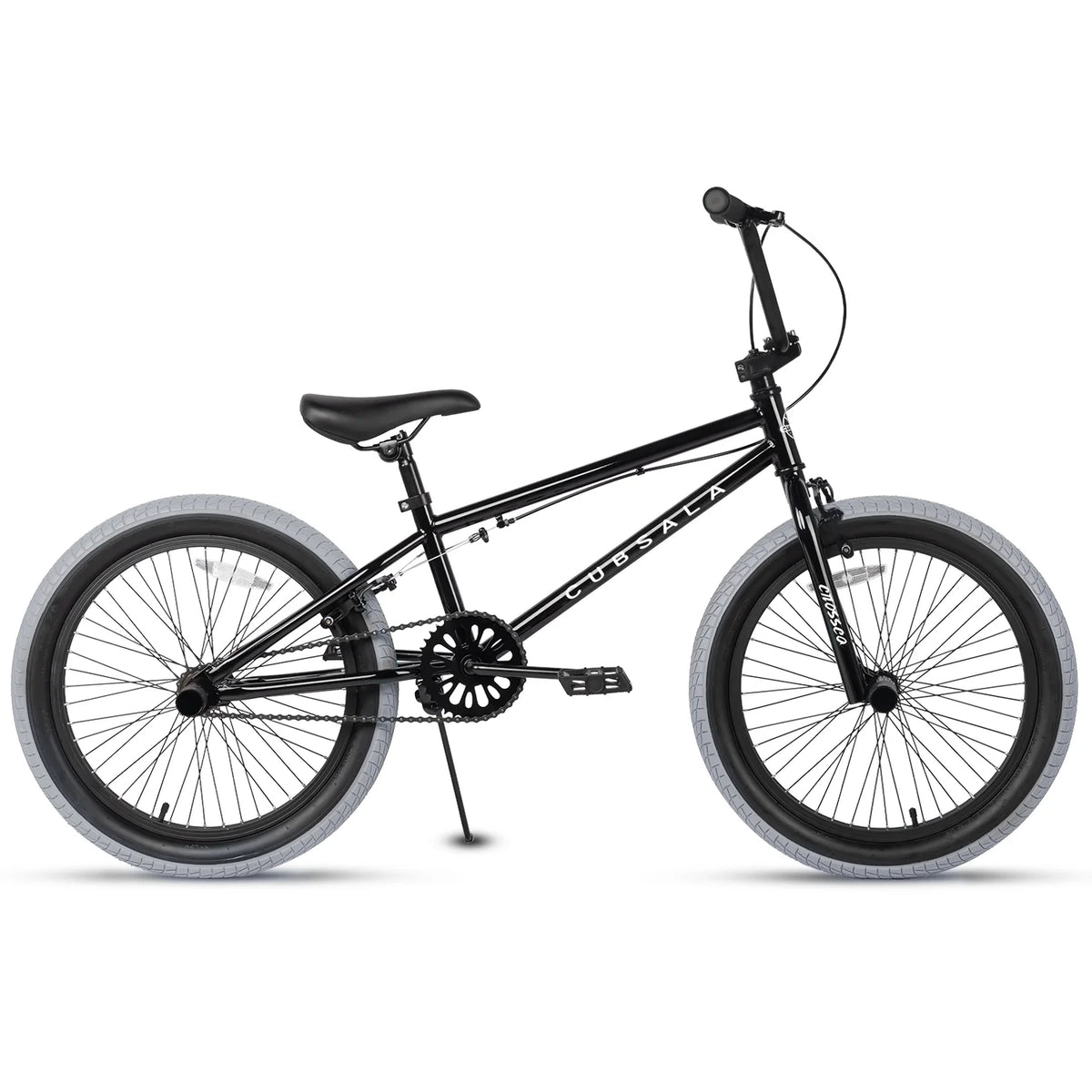 cubsala 20 Vélo BMX Freestyle pour enfants de 6 à 14 ans, garçons et filles, avec 4 cales, noir avec pneus rouges