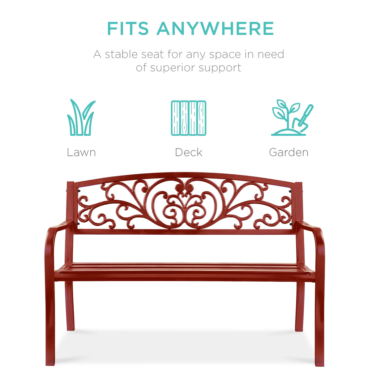 Best Choice Products Banc en Acier d'Extérieur Jardin Patio Porche Meuble avec Dossier à Motif Floral - Noir