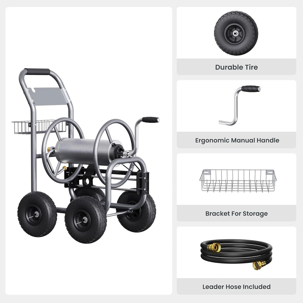 Chariot dévidoir de tuyau d'arrosage industriel robuste Giraffe Tools avec roues, capacité de 76 m (250 pi) pour tuyau de 16 mm (5/8 po)