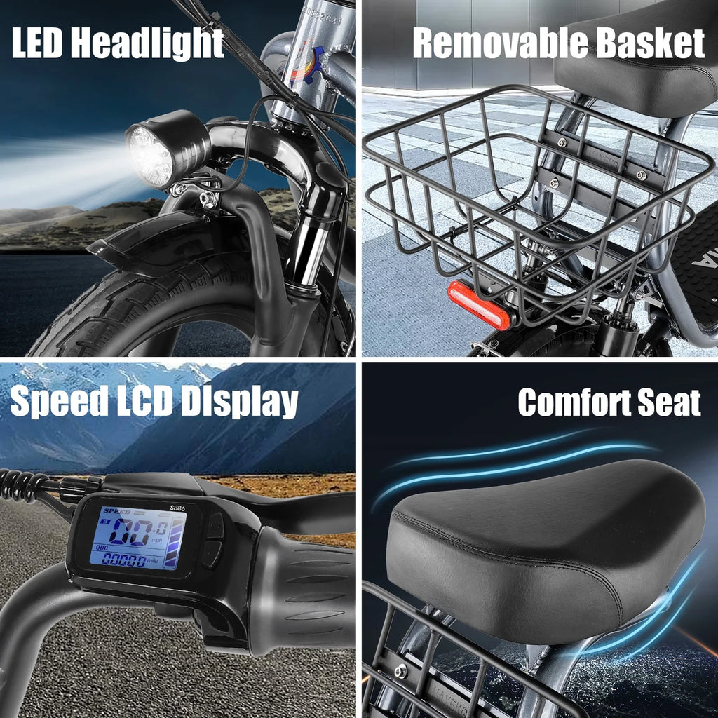 Trottinette électrique SANOPY 350 W avec siège pour adultes, autonomie de 24 km, vitesse de 32 km/h, cyclomoteur avec batterie 36 V 5,2 Ah, vélo électrique urbain avec gros pneus de 14 pouces et amortisseurs, noir