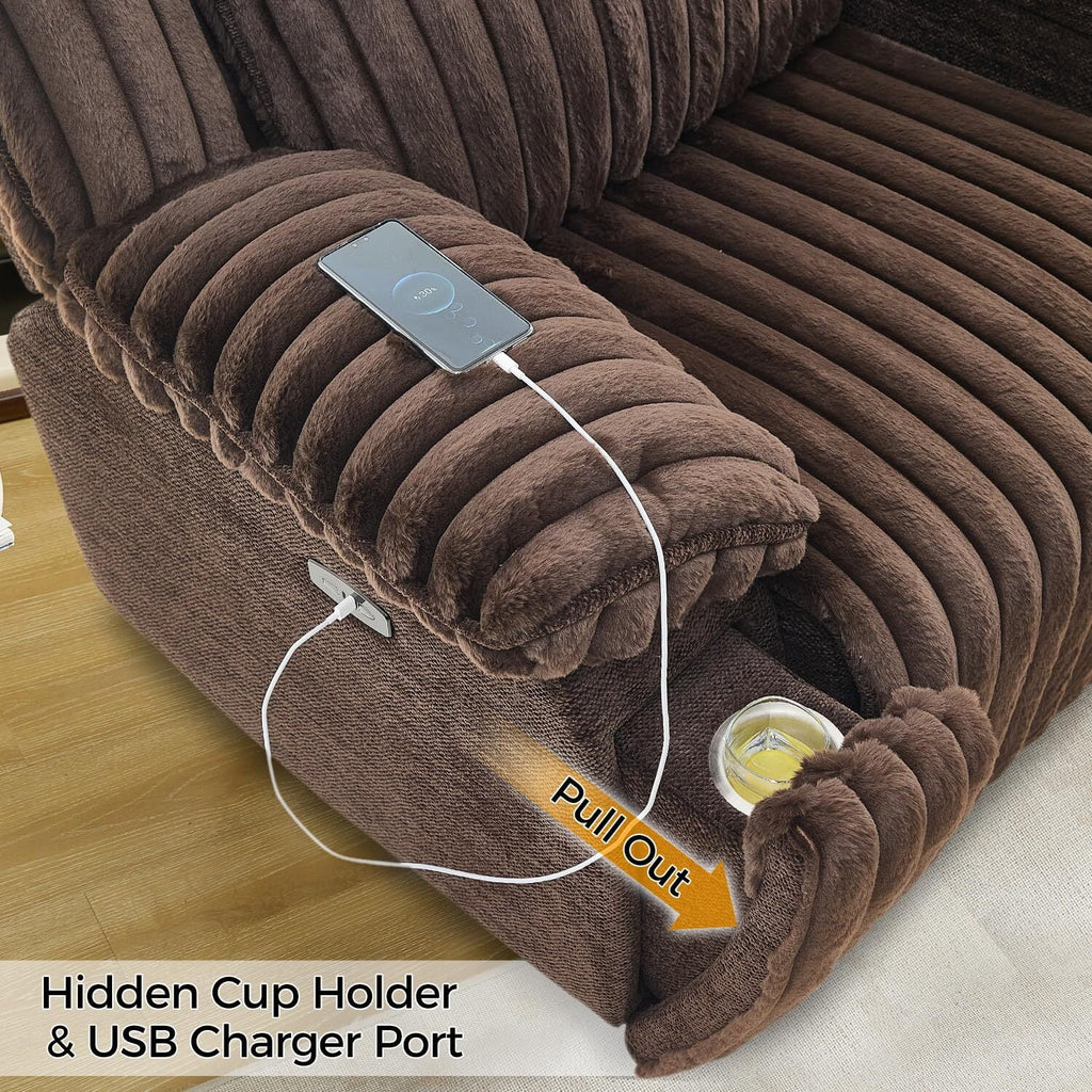 Canapé d’angle inclinable électrique avec chargeur sans fil, 6 places en fausse fourrure avec fauteuils inclinables, porte-gobelets dissimulés, console de rangement, ports USB et Type-C, noir
