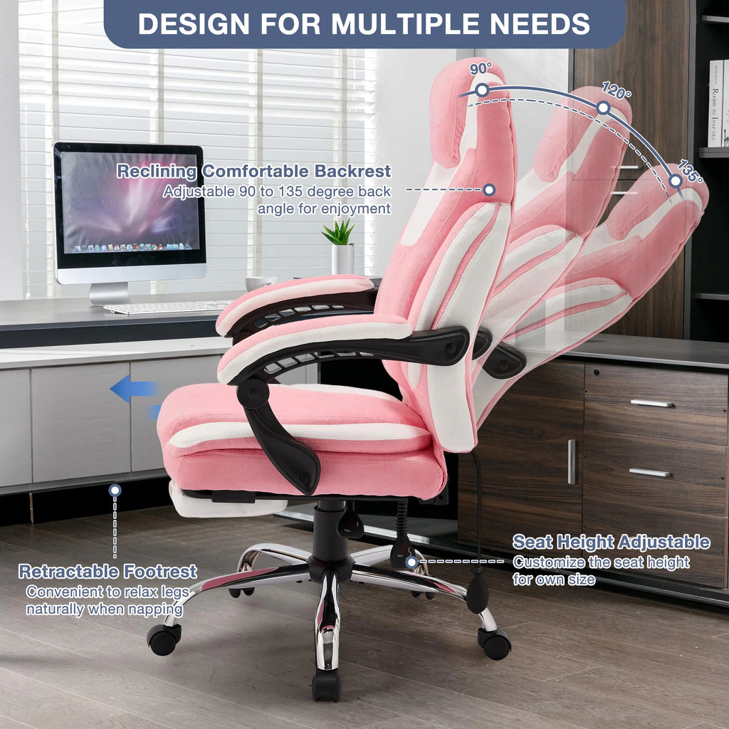 JONPONY Fauteuil de bureau Grande Taille 400lbs, Fauteuils de bureau de direction inclinables avec repose-pieds, Fauteuil de bureau à domicile à dossier haut Accoudoirs épais, Support lombaire ergonomique réglable, RoseBlanc