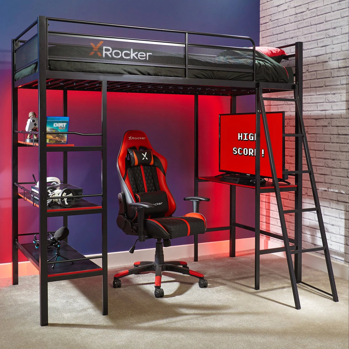 Lit superposé gaming X Rocker Fortress avec bureau et étagères, 1 place, noir/rouge, lit mezzanine, enfants, adolescents