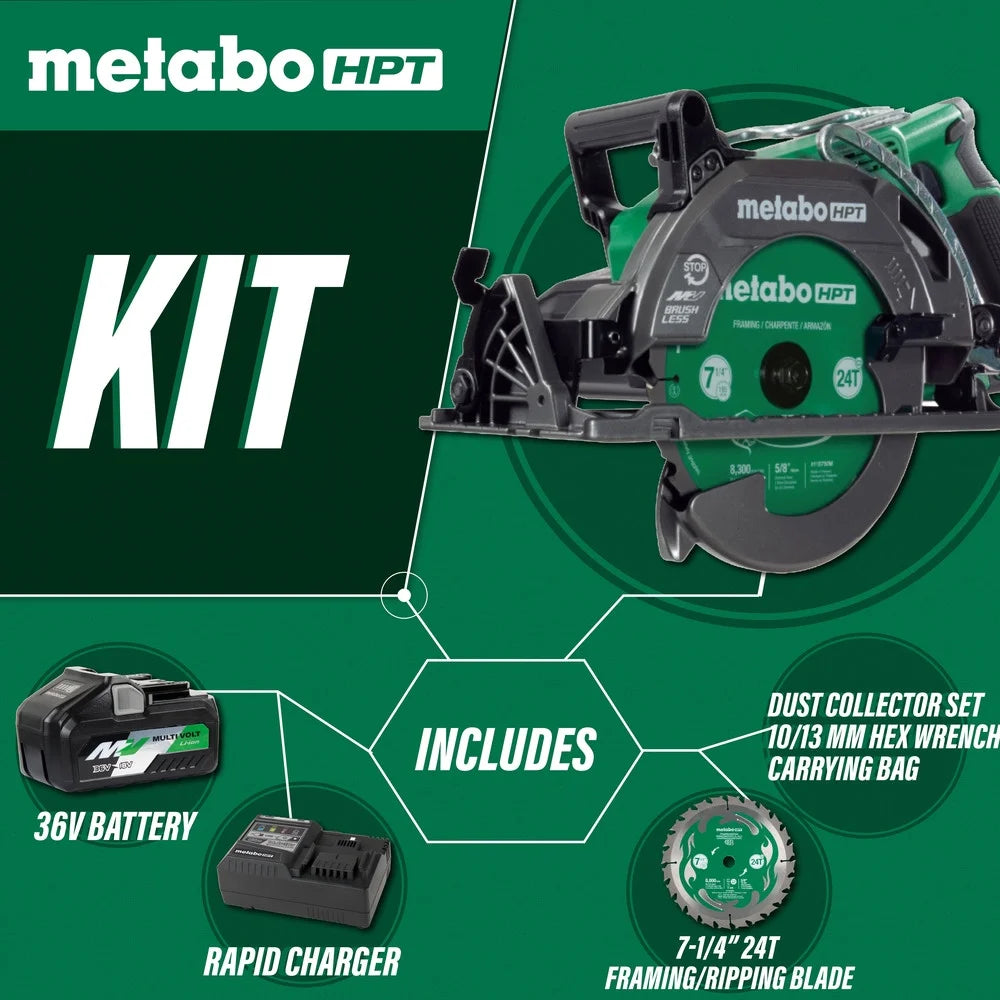 Scie circulaire Metabo HPT 36 V MultiVolt de 7-1/4 pouces à poignée arrière, conception légère, jusqu’à 500 coupes de 2x4 par charge, capacité d’angle d’onglet réglable de 53°, garantie à vie sur le corps de l’outil, C3607DWA