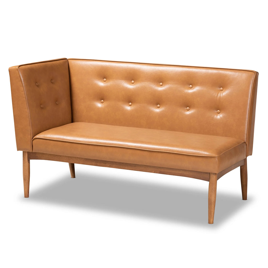 Baxton Studio Arvid Canapé d'angle de salle à manger 2 pièces avec banc, style moderne du milieu du siècle, rembourré en similicuir beige et bois avec finition brun noyer