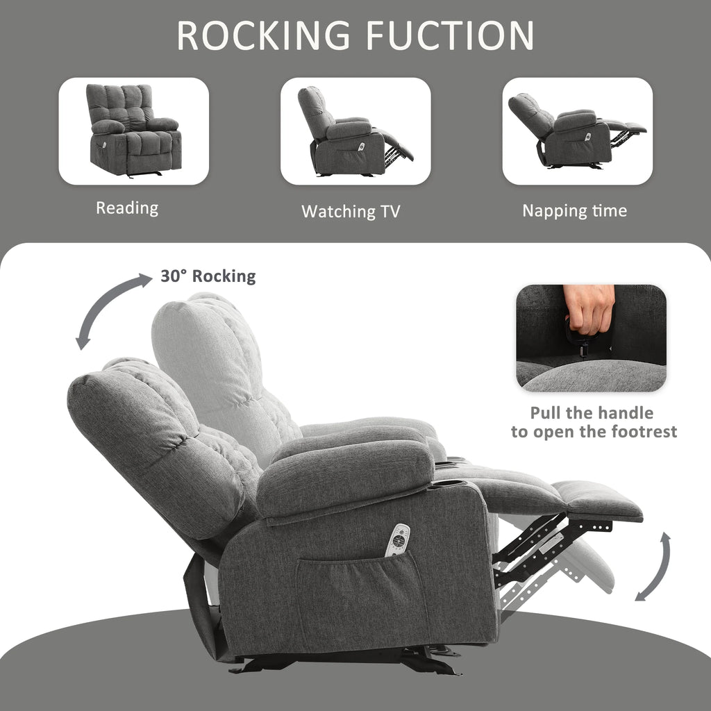 Fauteuil inclinable manuel JONPONY avec fonction de massage et de chauffage, mécanisme d’inclinaison robuste, fauteuil à bascule individuel pour personnes âgées avec porte-gobelets, pour chambre et salle de cinéma maison, gris