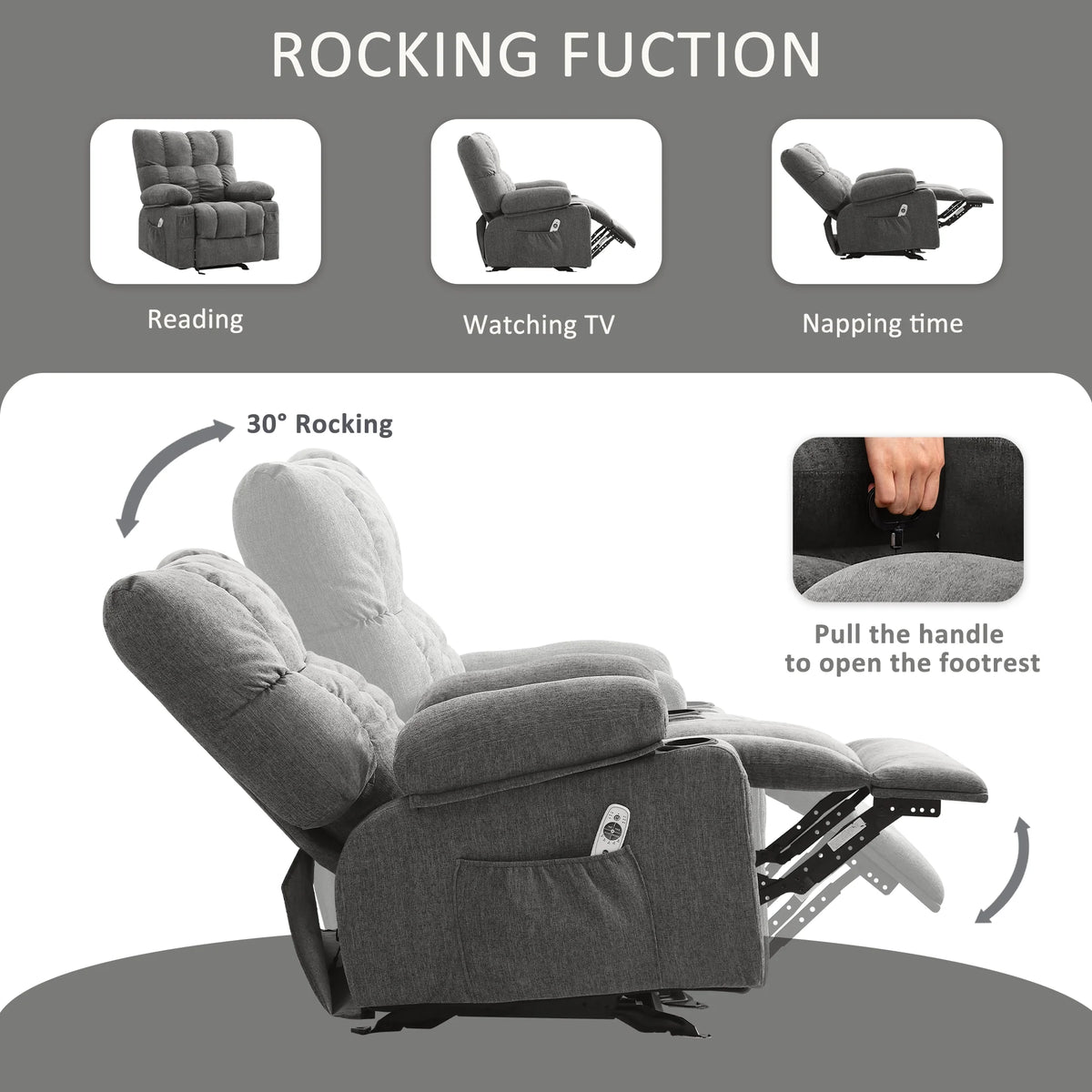 Fauteuil inclinable manuel JONPONY avec fonction de massage et de chauffage, mécanisme d’inclinaison robuste, fauteuil à bascule individuel pour personnes âgées avec porte-gobelets, pour chambre et salle de cinéma maison, gris