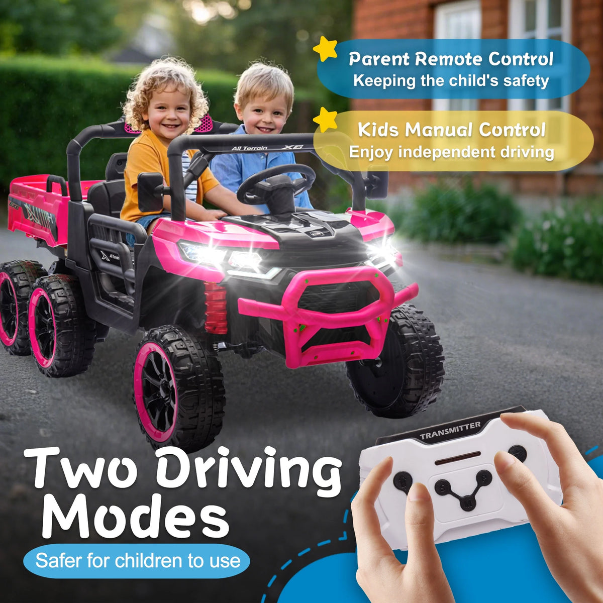 Xuanlur Voiture électrique pour enfants 24V 2 places, UTV avec moteur 2x200W, Jouet électrique 24 volts avec benne/pelle, Voiture électrique pour enfants avec pneus résistants, lumière LED, musique, télécommande, noire