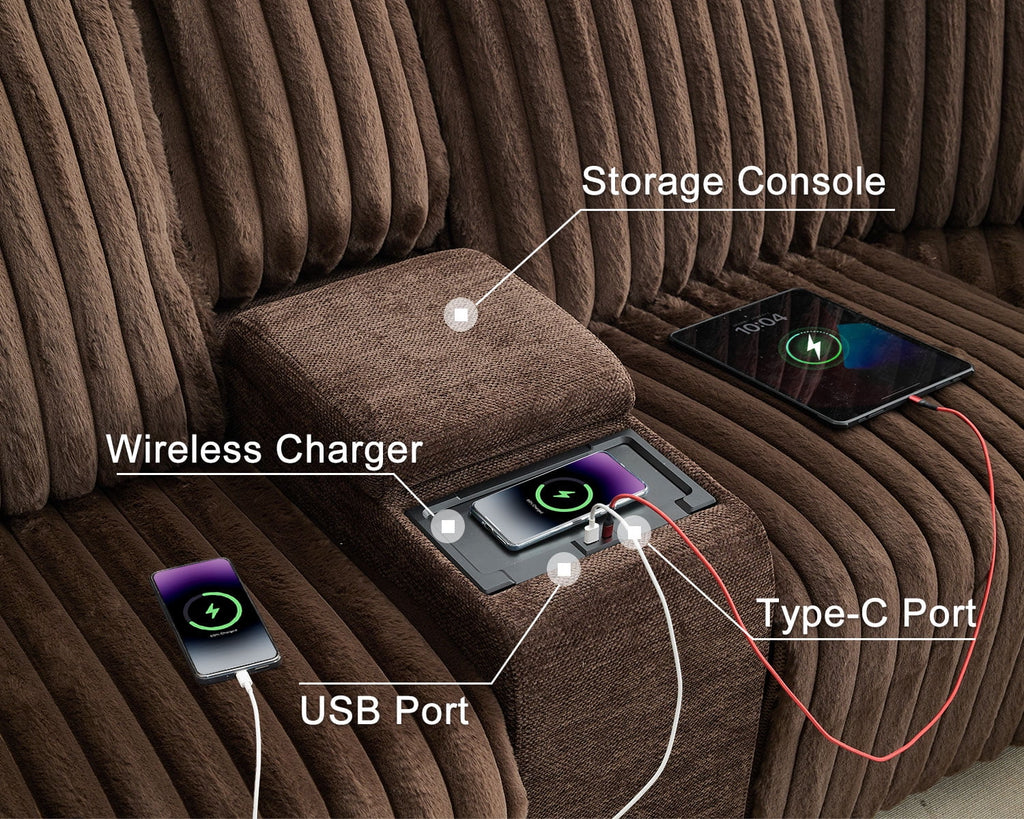 Canapé d’angle inclinable électrique avec chargeur sans fil, 6 places en fausse fourrure avec fauteuils inclinables, porte-gobelets dissimulés, console de rangement, ports USB et Type-C, noir