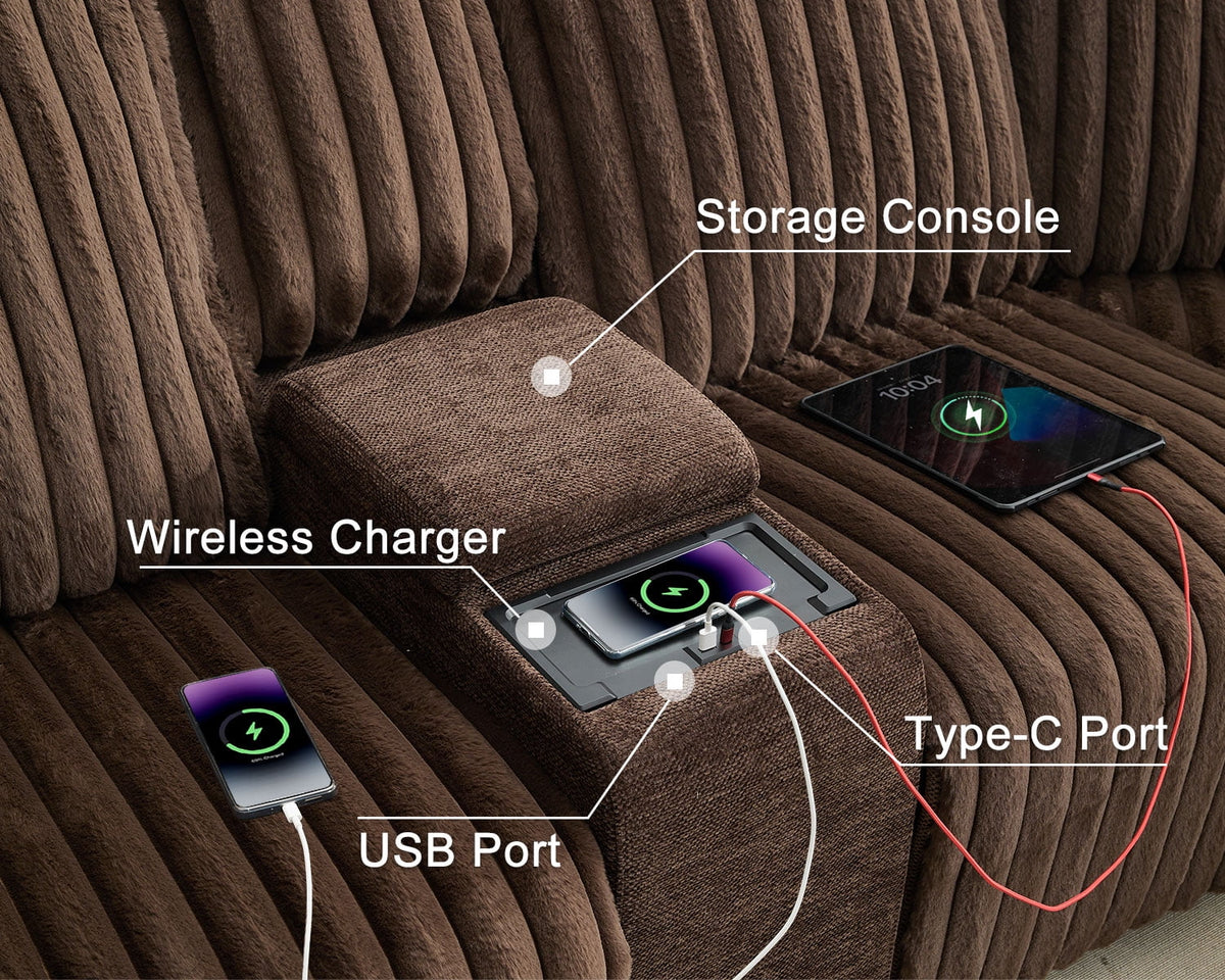 Canapé d’angle inclinable électrique avec chargeur sans fil, 6 places en fausse fourrure avec fauteuils inclinables, porte-gobelets dissimulés, console de rangement, ports USB et Type-C, noir