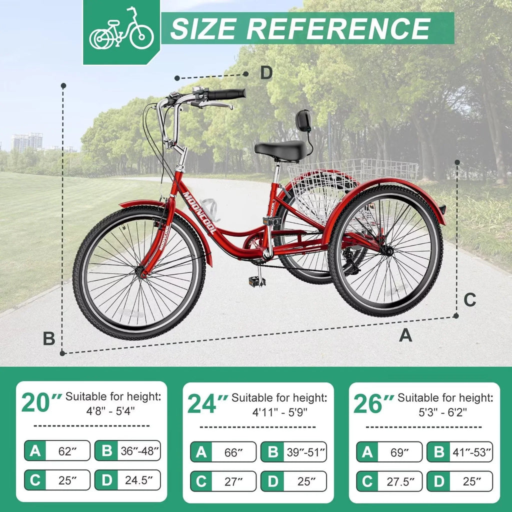 MOPHOTO 24 Tricycle pour adulte, Vélo à 3 roues 7 vitesses avec panier pour les courses, l'exercice, Tricycle avec selle réglable pour hommes, femmes et seniors