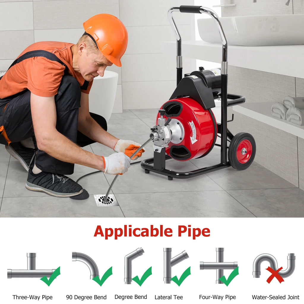 Machine de débouchage Roromall 50 pi/75 pi/100 pi x 3/8 po/1/2 po, furet électrique pour égouts avec 4 coupe-racines, pédale de commande à air, gants