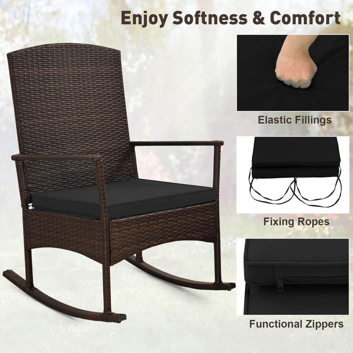 Costway Serenity Ensemble de patio 3 pièces avec fauteuils à bascule en résine tressée, coussins blancs et table basse à 2 niveaux