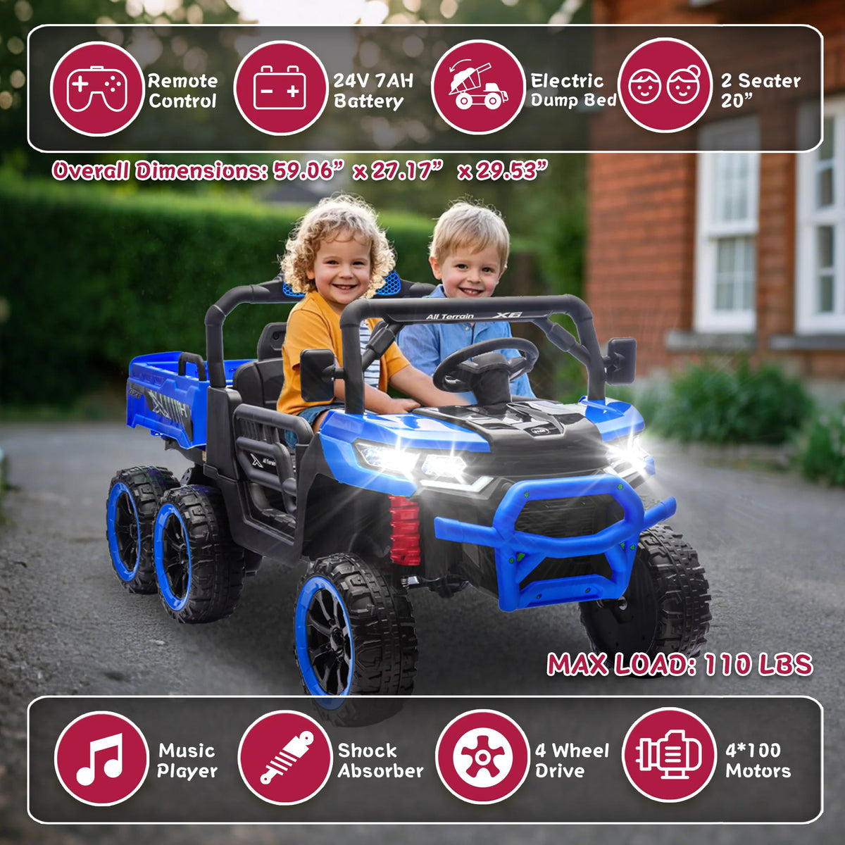 Xuanlur Voiture électrique pour enfants 24V 2 places, UTV avec moteur 2x200W, Jouet électrique 24 volts avec benne/pelle, Voiture électrique pour enfants avec pneus résistants, lumière LED, musique, télécommande, noire