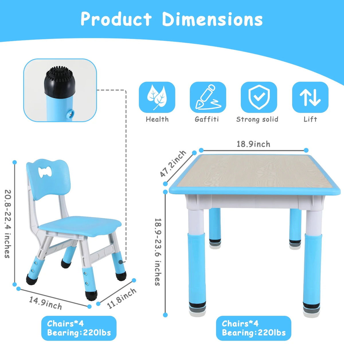 Ensemble table et 4 chaises pour enfants LAZY BUDDY, bureau réglable en hauteur pour tout-petits avec plateau graffiti, ensemble de table d’activités pour enfants pour crèche et maison