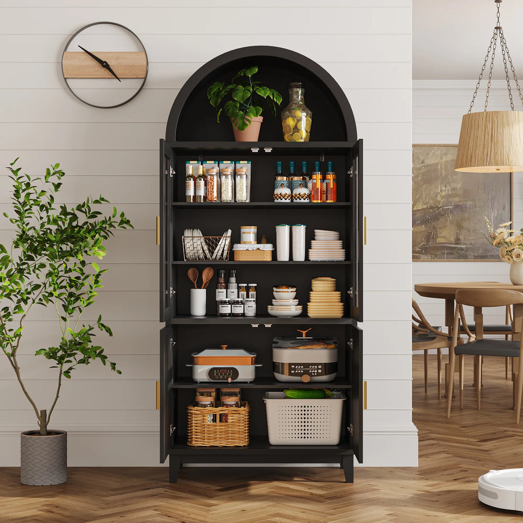 VEANERWOOD 71 Armoire haute cintrée, meuble de rangement de cuisine en bois cannelé avec 4 portes et 6 étagères pour salle à manger et salon