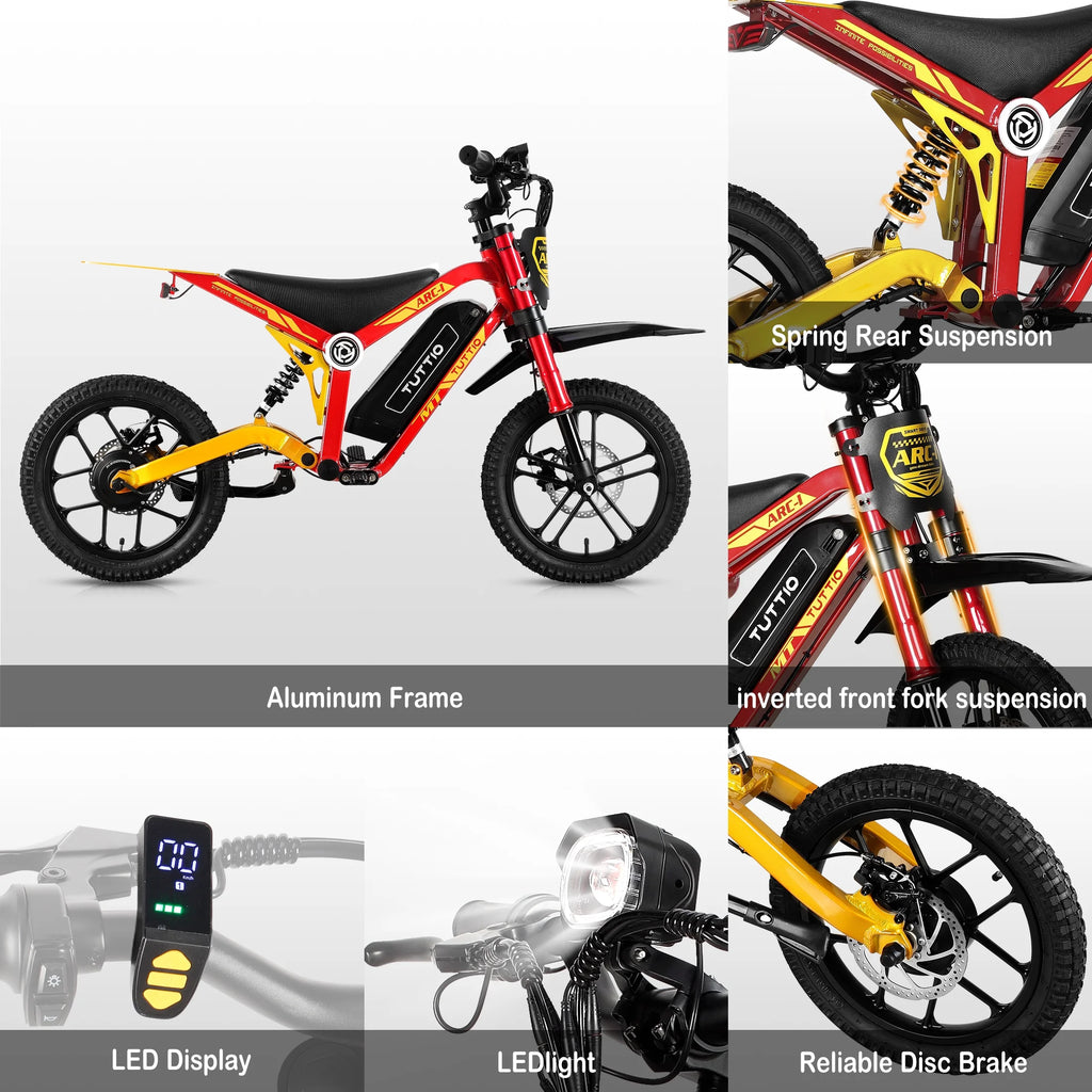 TUTTIO ARC-1 Mini moto tout-terrain électrique 750W pour enfants 8-14 ans, Moto électrique 5 modes de vitesse, 22MPH, 16 pneus, Batterie 36V, Autonomie 25 miles