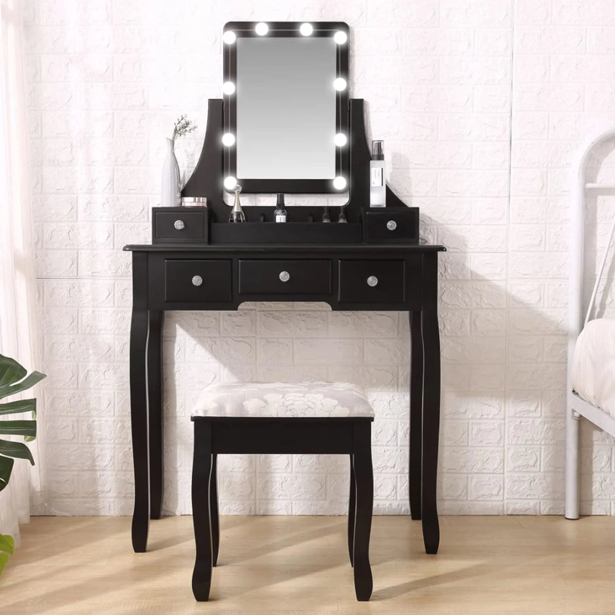 Coiffeuse de maquillage VEANERWOOD avec 10 lumières LED, coiffeuse avec miroir lumineux et tabouret rembourré, 5 tiroirs et 2 étagères, meuble de toilette pour chambre, luxueuse, noire