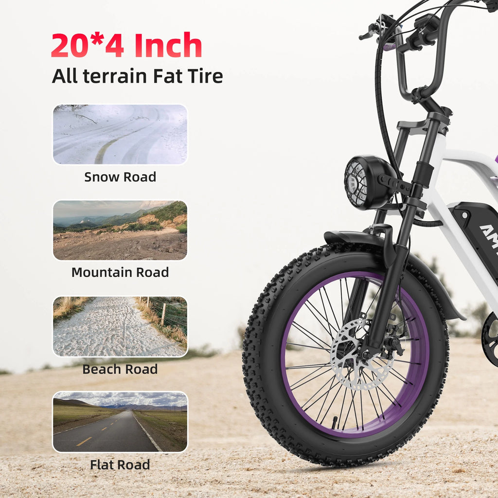 Vélo électrique AMYET G60 Peak 1500W, VTT électrique à pneus larges 20 pouces, 48V 20Ah 32MPH pour adultes, suspension intégrale UL2849
