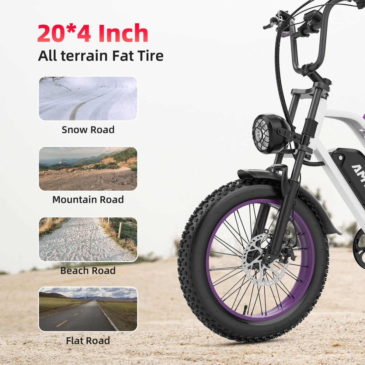 Vélo électrique AMYET G60 Peak 1500W, VTT électrique à pneus larges 20 pouces, 48V 20Ah 32MPH pour adultes, suspension intégrale UL2849