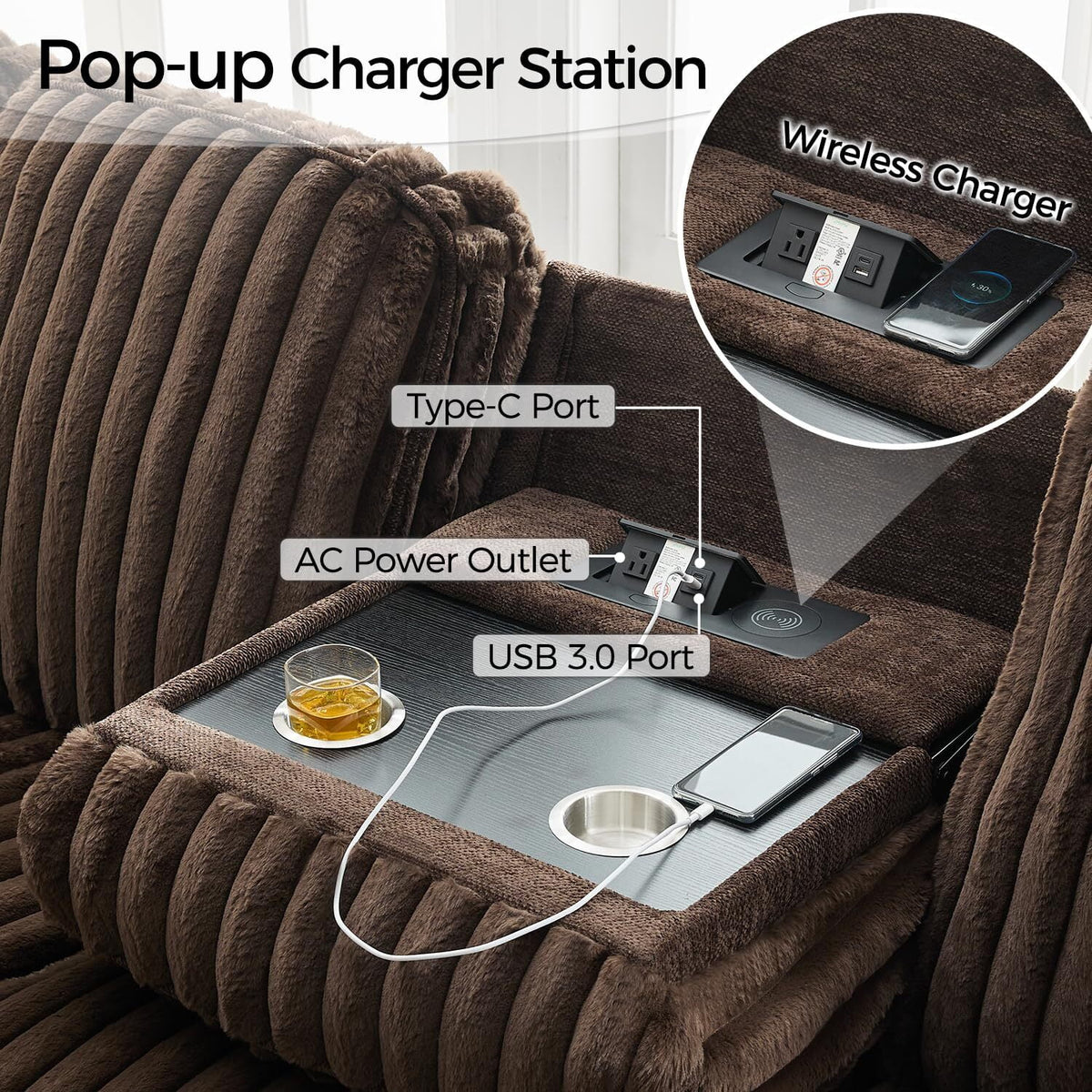 Canapé d’angle inclinable électrique avec chargeur sans fil, 6 places en fausse fourrure avec fauteuils inclinables, porte-gobelets dissimulés, console de rangement, ports USB et Type-C, noir