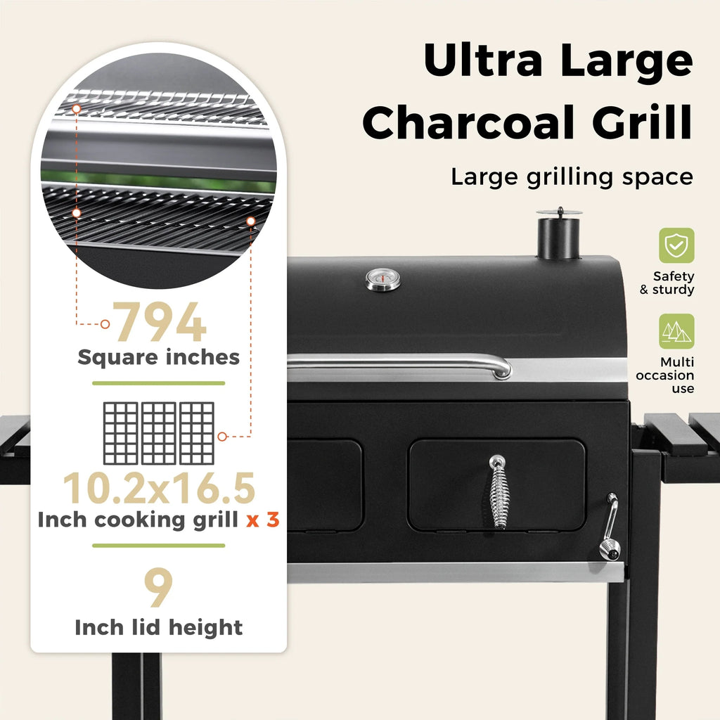 Barbecue à charbon extra large avec surface de cuisson de 794 po², deux plateaux à charbon relevables et tables latérales pliantes