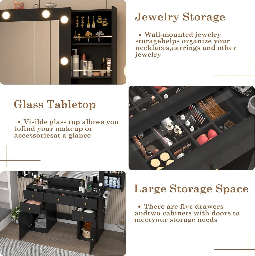 Coiffeuse blanche avec grand miroir lumineux et prise électrique, table de maquillage avec plateau en verre et tiroirs, rangement coulissant, grande coiffeuse de maquillage de 44,1 pour femmes et filles, blanche