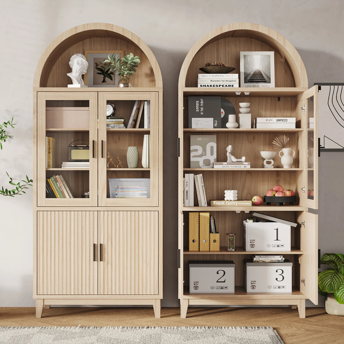 VEANERWOOD 71 Armoire haute cintrée, meuble de rangement de cuisine en bois cannelé avec 4 portes et 6 étagères pour salle à manger et salon