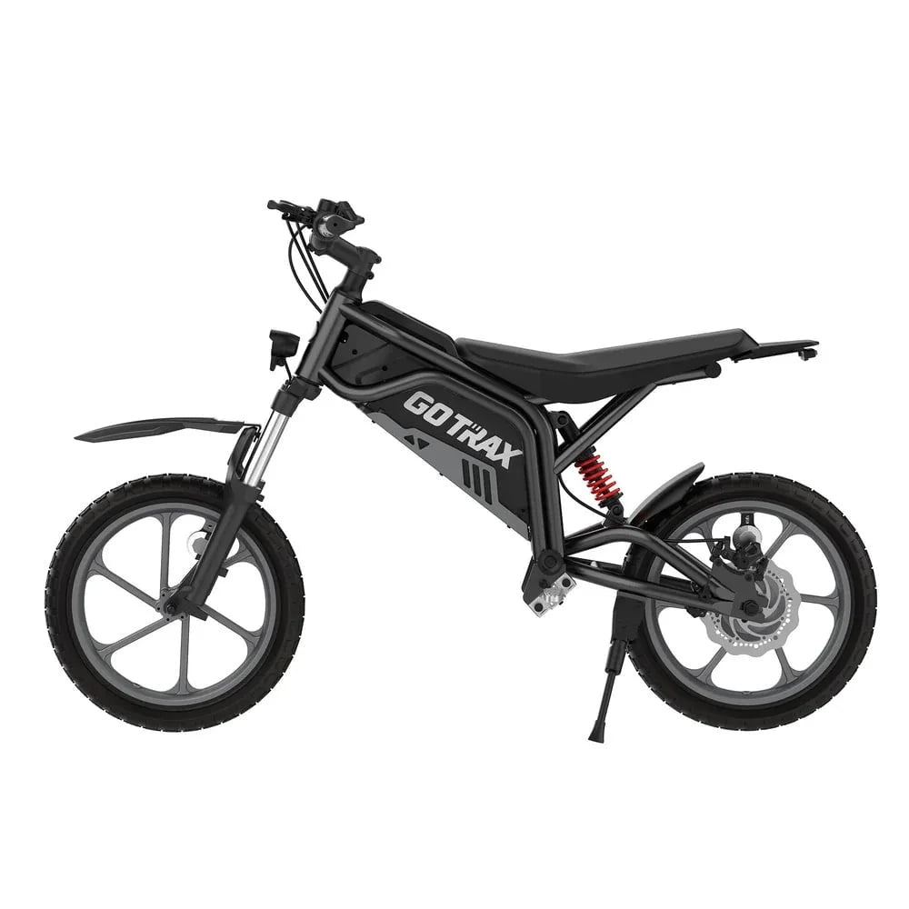 GOTRAX Fitz16 Moto tout-terrain électrique pour enfants à partir de 8 ans, moteur de 350 W, pneus tout-terrain de 16 pouces, double suspension, vitesse de 15,5 mi/h, autonomie de 16 mi, phare à DEL, noire