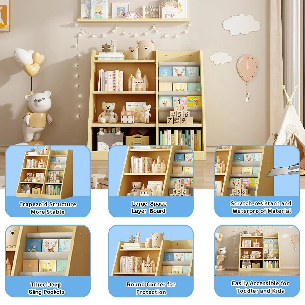 IVV Bibliothèque Montessori pour enfants, Bibliothèque moderne en bois à 4 niveaux, Étagère à livres et jouets pour enfants, Support d’étagère en tissu, Pour salle de classe, chambre, chambre de bébé ou salle de jeux (Rose)