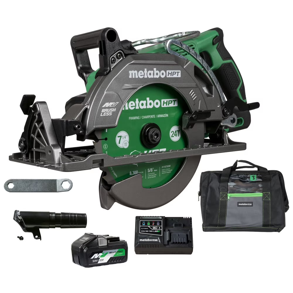 Scie circulaire Metabo HPT 36 V MultiVolt de 7-1/4 pouces à poignée arrière, conception légère, jusqu’à 500 coupes de 2x4 par charge, capacité d’angle d’onglet réglable de 53°, garantie à vie sur le corps de l’outil, C3607DWA