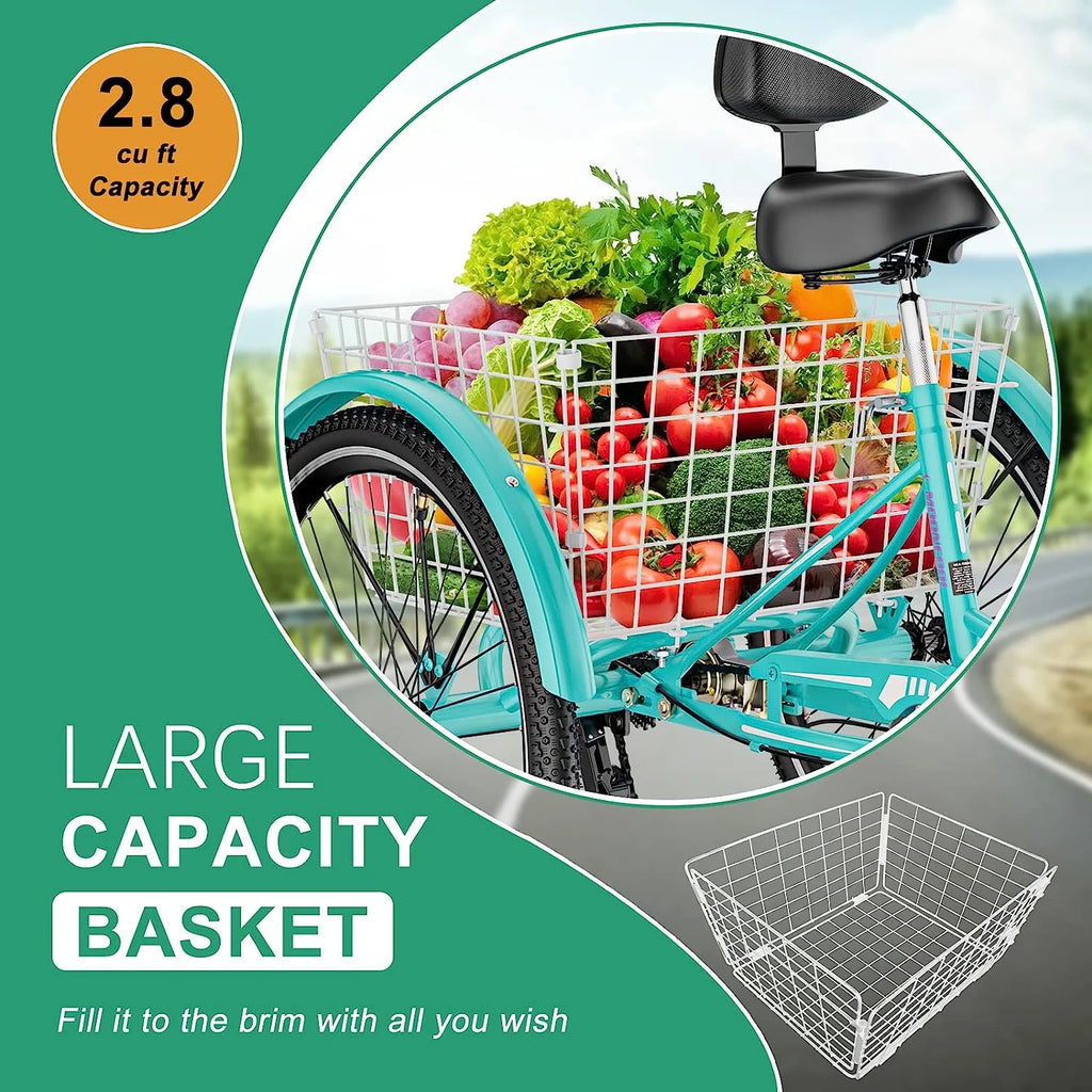 Tricycles pour adultes MOONCOOL avec panier arrière et pompe à pied, vélos à 3 roues 7 vitesses de 24 et 26 pouces, vélo à trois roues pour adultes avec dossier pour seniors, femmes et hommes
