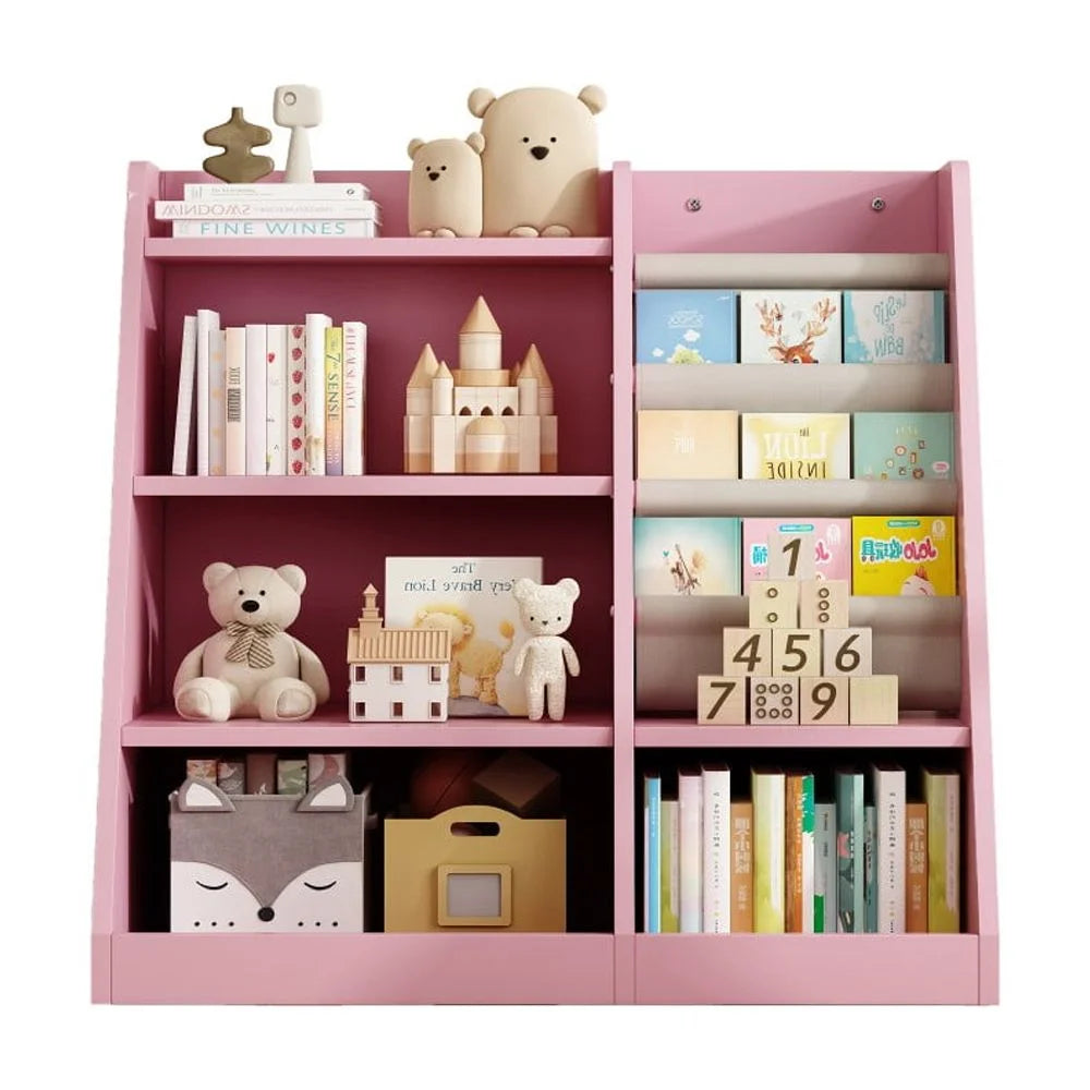IVV Bibliothèque Montessori pour enfants, Bibliothèque moderne en bois à 4 niveaux, Étagère à livres et jouets pour enfants, Support d’étagère en tissu, Pour salle de classe, chambre, chambre de bébé ou salle de jeux (Rose)