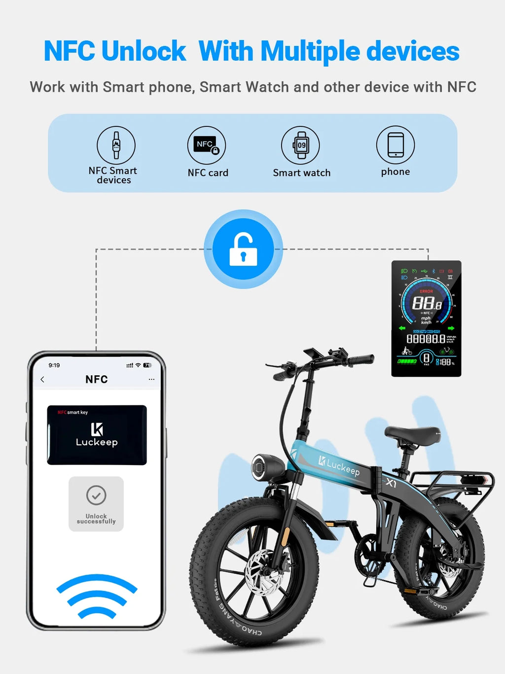 Vélo électrique pliable Luckeep X1 Lite pour adultes, moteur de 1 500 W en crête, batterie amovible de 720 Wh, autonomie de 60 mi à 28 mi/h, vélo électrique tout-terrain à pneus larges 20 × 4 avec suspension avant, vélo électrique de montagne